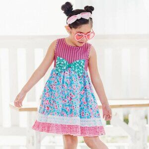 (Size 6Y) Cheeky Plum Elara Knit Multi-Color Bow, Stripe, and Flower Dress